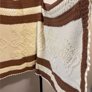 Elegant Cream and Brown Knitted crochet Twin Blanket 54”x74” intricate design